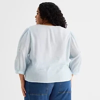 a.n.a Womens Plus Split Crew Neck 3/4 Sleeve Embroidered Blouse