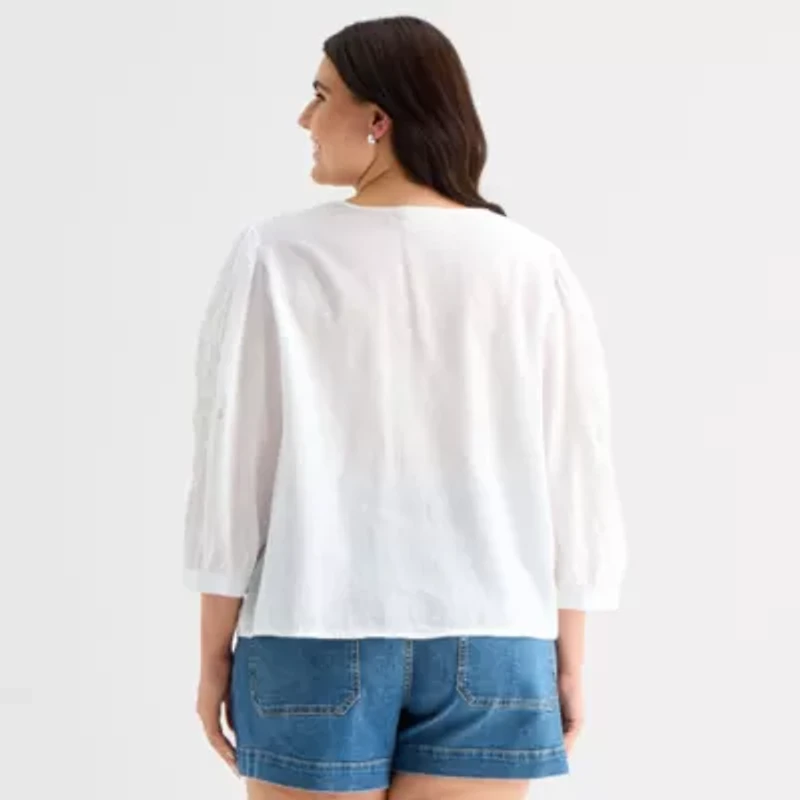 a.n.a Womens Plus Split Crew Neck 3/4 Sleeve Embroidered Blouse