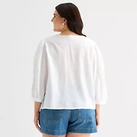 a.n.a Womens Plus Split Crew Neck 3/4 Sleeve Embroidered Blouse