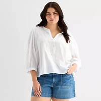 a.n.a Womens Plus Split Crew Neck 3/4 Sleeve Embroidered Blouse