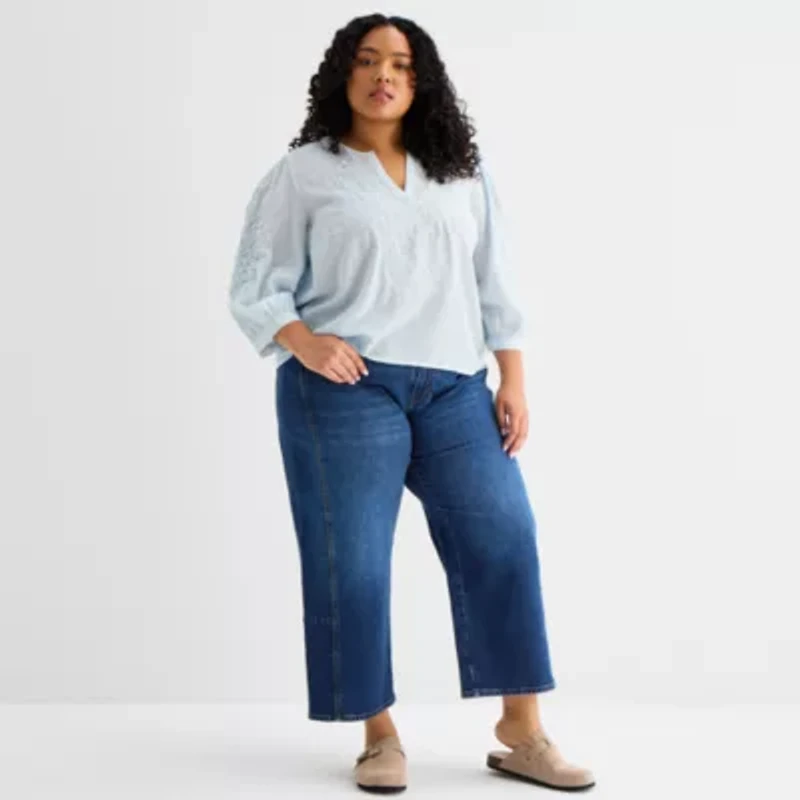 a.n.a Womens Plus Split Crew Neck 3/4 Sleeve Embroidered Blouse