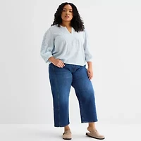 a.n.a Womens Plus Split Crew Neck 3/4 Sleeve Embroidered Blouse