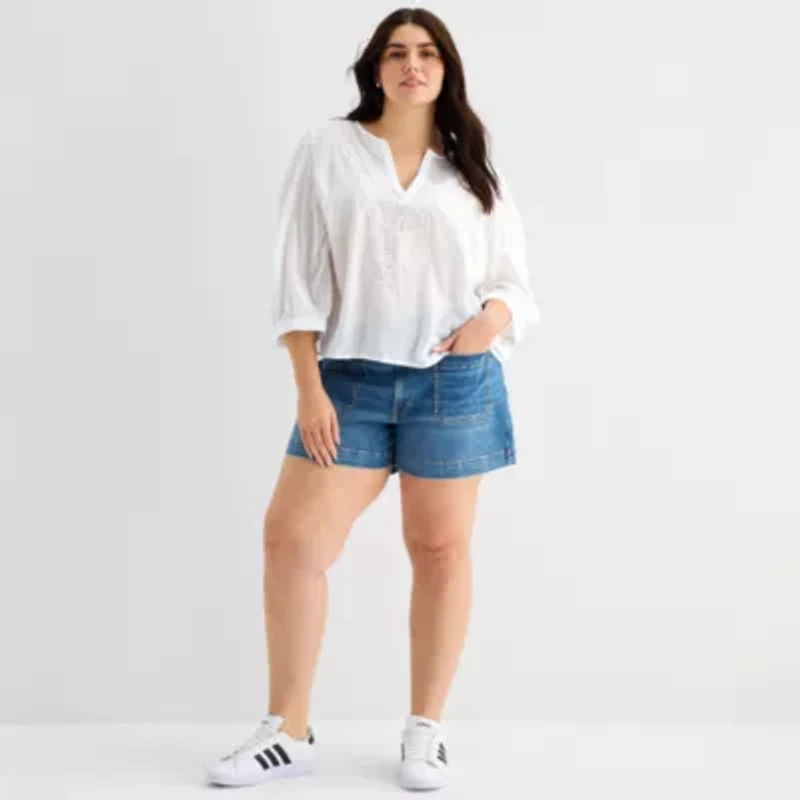 a.n.a Womens Plus Split Crew Neck 3/4 Sleeve Embroidered Blouse