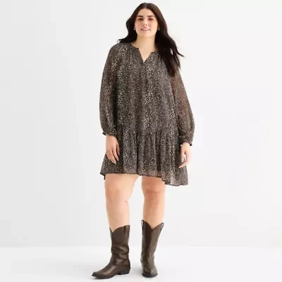a.n.a Womens Plus Long Sleeve Animal Drop Waist Dress
