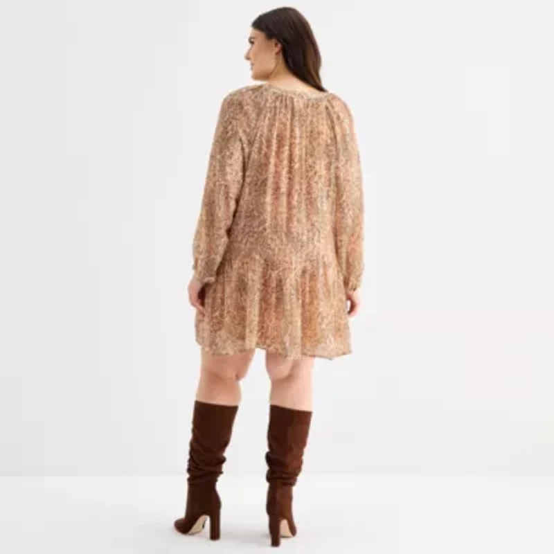 a.n.a Womens Plus Long Sleeve Animal Drop Waist Dress