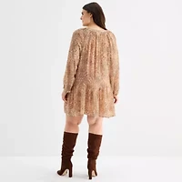 a.n.a Womens Plus Long Sleeve Animal Drop Waist Dress
