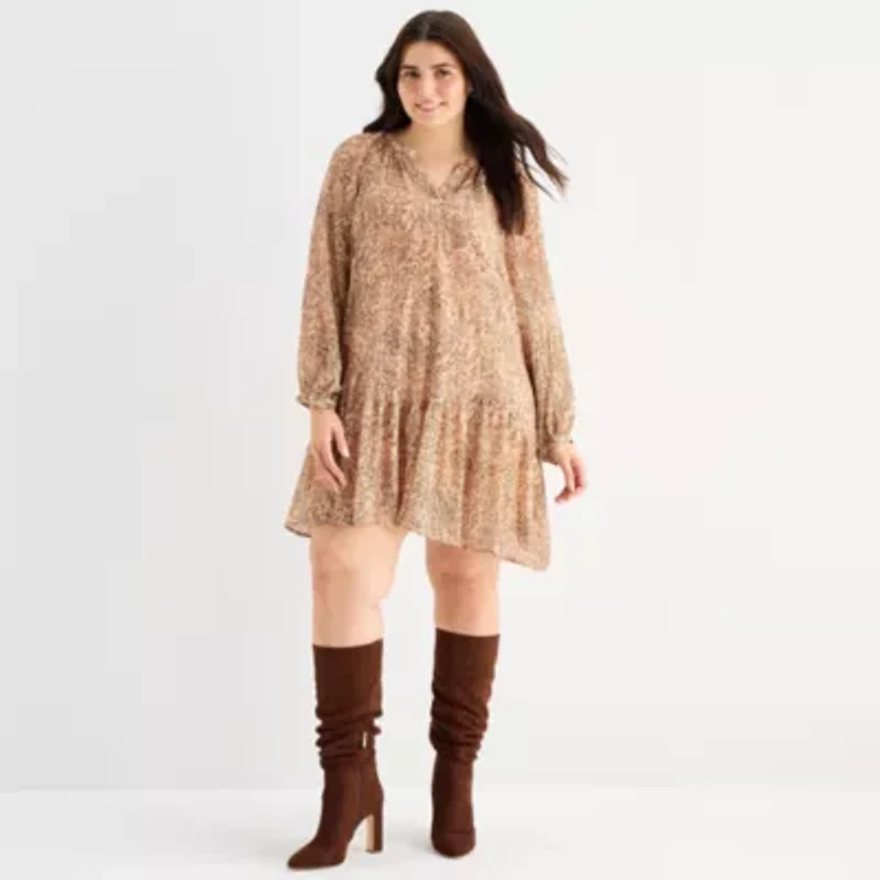 a.n.a Womens Plus Long Sleeve Animal Drop Waist Dress
