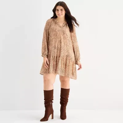a.n.a Womens Plus Long Sleeve Animal Drop Waist Dress