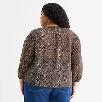 a.n.a Womens Plus Round Neck Long Sleeve Blouse