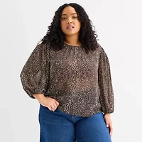 a.n.a Womens Plus Round Neck Long Sleeve Blouse