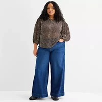 a.n.a Womens Plus Round Neck Long Sleeve Blouse