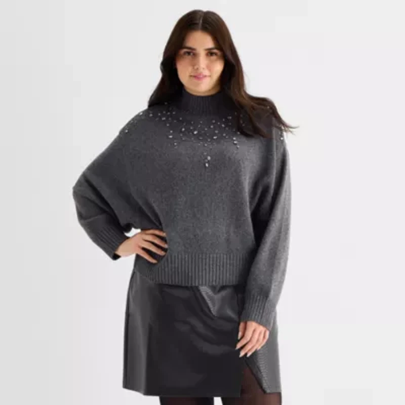 a.n.a Plus Womens Mock Neck Embellished Long Sleeve Pullover Sweater