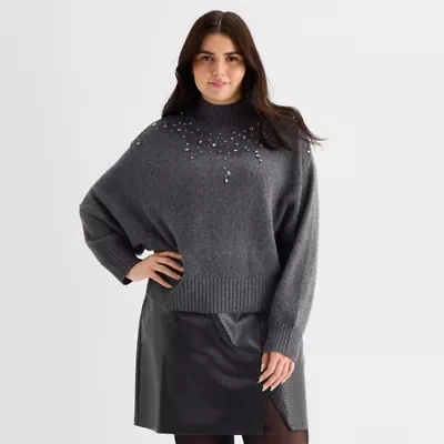 a.n.a Plus Womens Mock Neck Embellished Long Sleeve Pullover Sweater