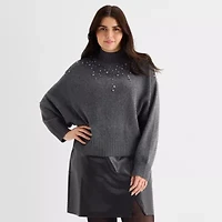 a.n.a Plus Womens Mock Neck Embellished Long Sleeve Pullover Sweater