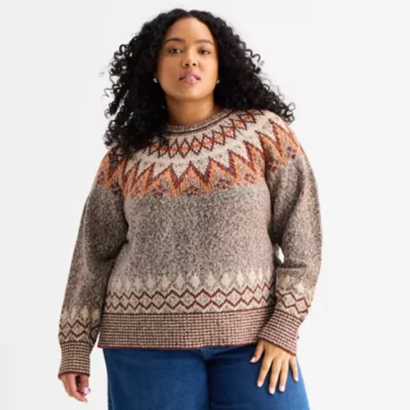 a.n.a Plus Womens Crew Neck Long Sleeve Geometric Pullover Sweater