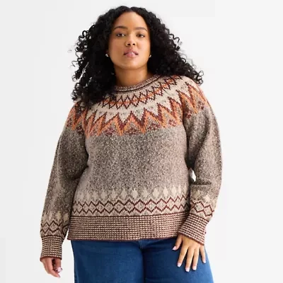 a.n.a Plus Womens Crew Neck Long Sleeve Geometric Pullover Sweater