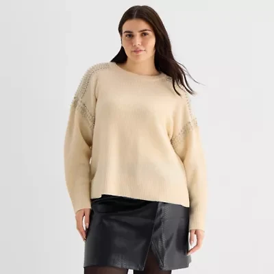 a.n.a Plus Womens Crew Neck Embellished Long Sleeve Pullover Sweater