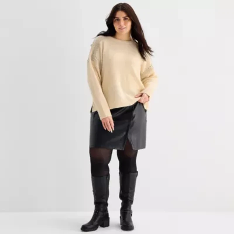a.n.a Plus Womens Crew Neck Embellished Long Sleeve Pullover Sweater
