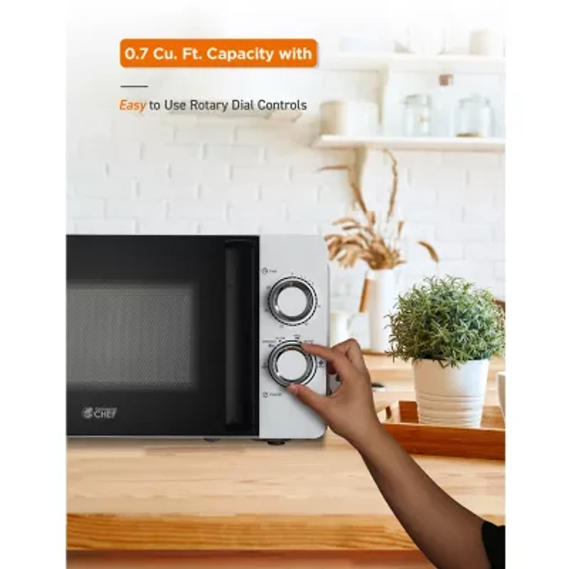 COMMERCIAL CHEF 0.7 Cu. Ft. Countertop Microwave with Mechanical Control White Microwave with 6 Power Levels