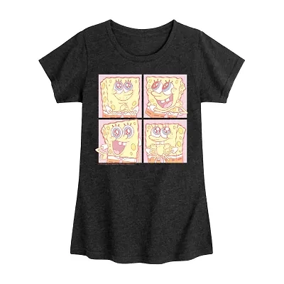 Cute Face Grid Big Kid Girls Crew Neck Short Sleeve Classic Fit Spongebob Graphic T-Shirt