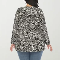 White Mark Womens Split Tie Neck Long Sleeve Plus Blouse