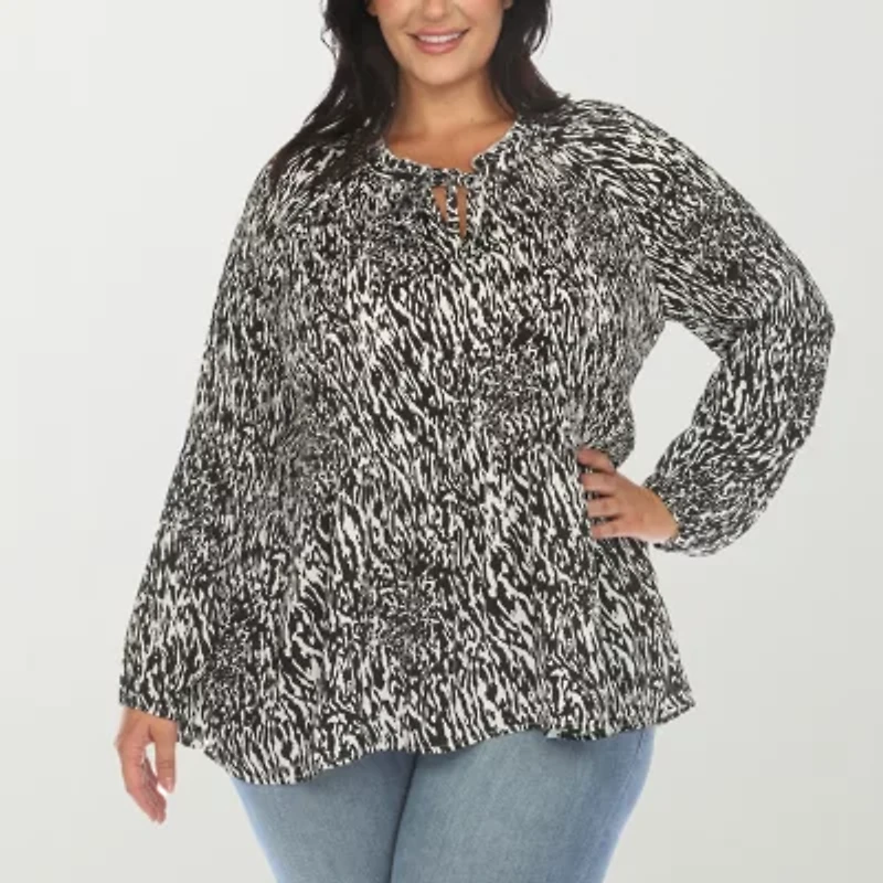 White Mark Womens Split Tie Neck Long Sleeve Plus Blouse