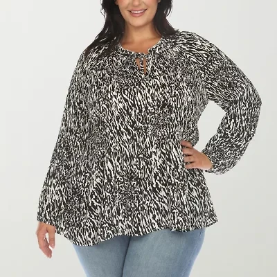 White Mark Womens Split Tie Neck Long Sleeve Plus Blouse