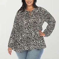 White Mark Womens Split Tie Neck Long Sleeve Plus Blouse
