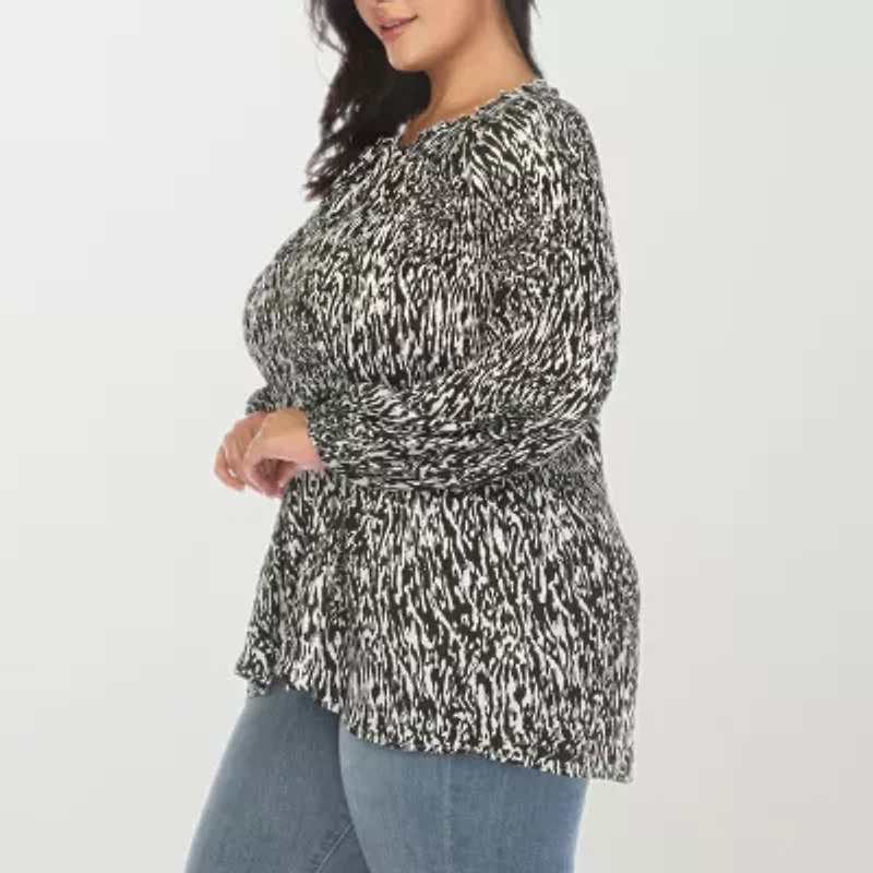 White Mark Womens Split Tie Neck Long Sleeve Plus Blouse