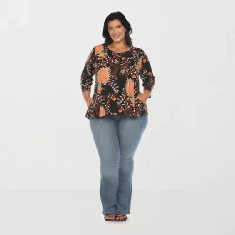 White Mark Plus Womens V Neck 3/4 Sleeve Tunic Top