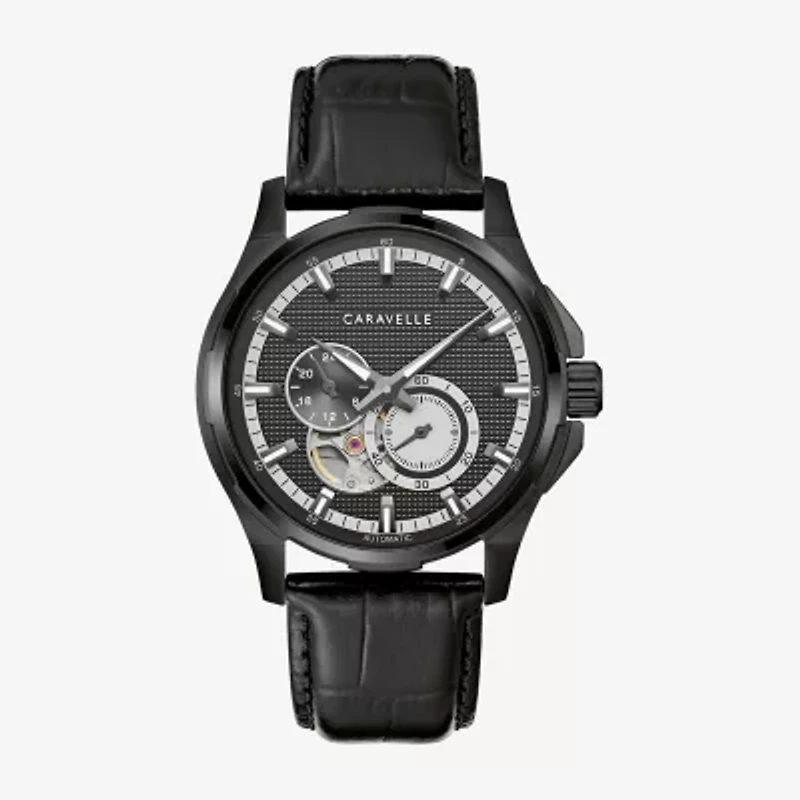 Caravelle Designed By Bulova Automatic Mens Black Leather Strap Watch 45a153