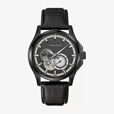 Caravelle Designed By Bulova Automatic Mens Black Leather Strap Watch 45a153