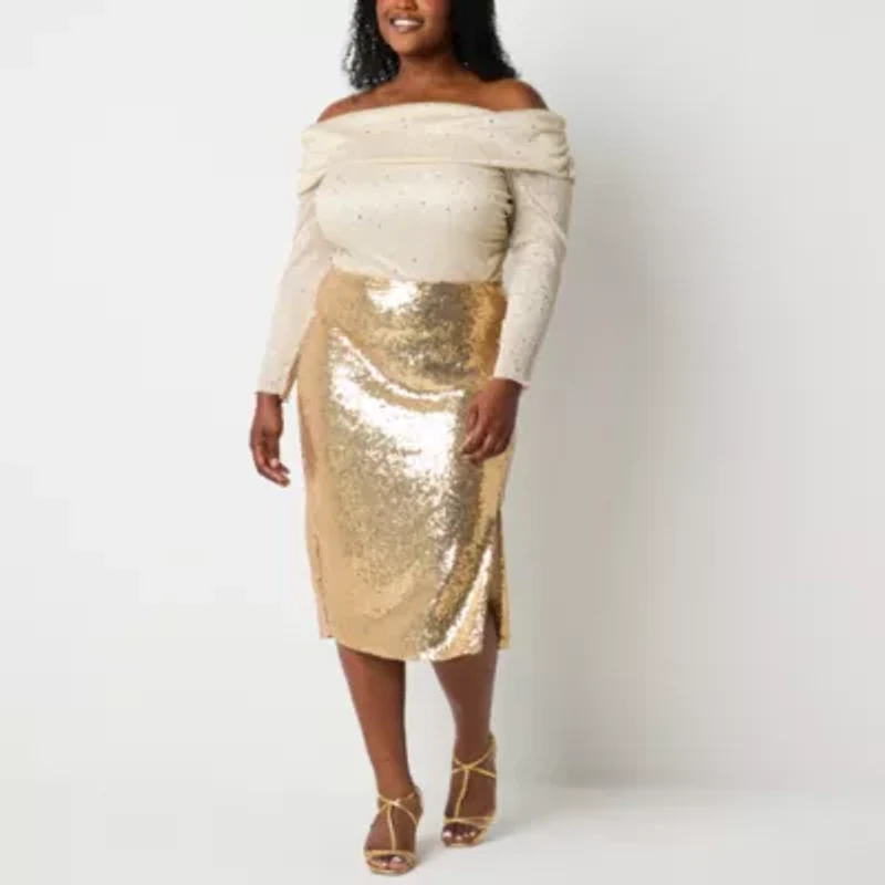 Premier Amour Sequin Womens Plus Midi Pencil Skirt