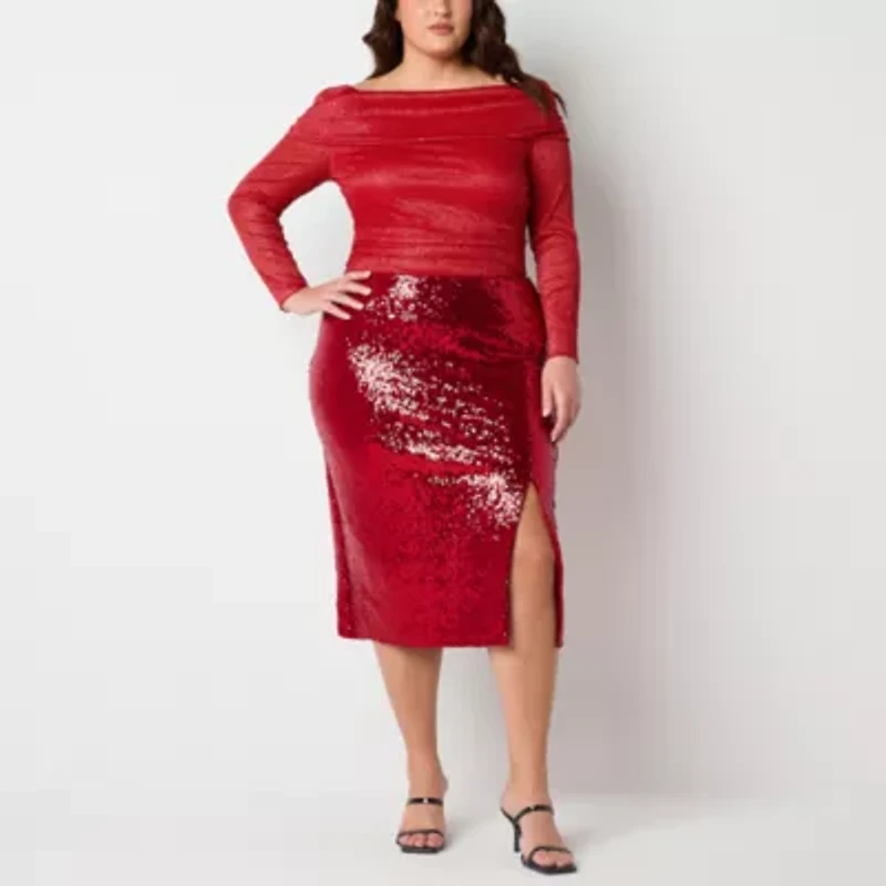 Premier Amour Sequin Womens Midi Pencil Skirt Plus