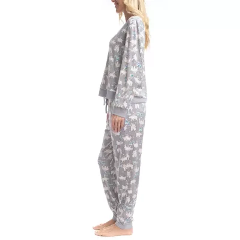 Muk Luks Womens Velour Crew Neck Long Sleeve 2-pc. Pajama Sets