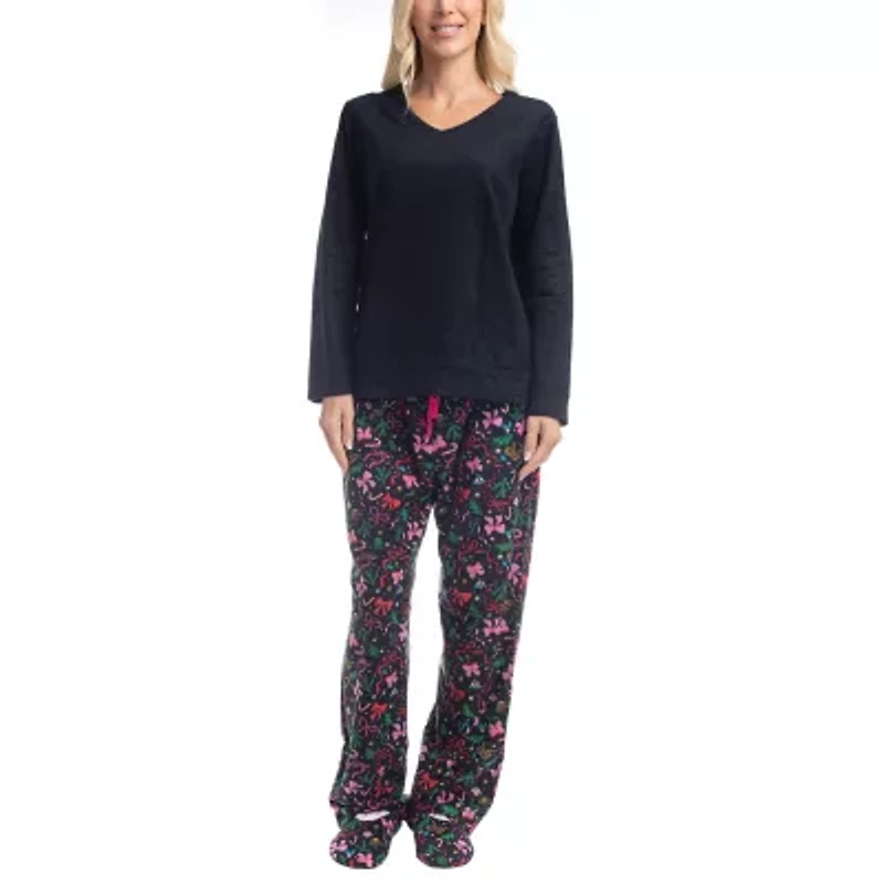 GoodNight Kiss Womens Microfleece V-Neck Long Sleeve 3-pc. Pajama Sets