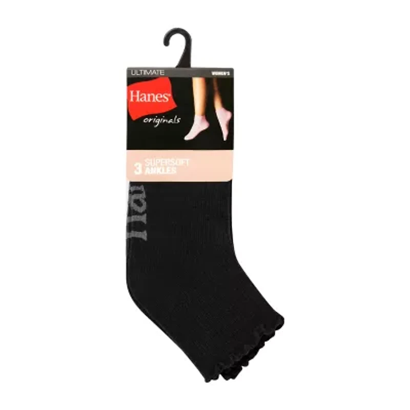 Hanes Supersoft Lettuce Edge Womens Multi-Pack 3 Pair Quarter Ankle Socks
