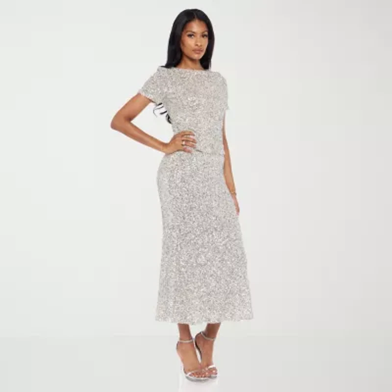 Premier Amour Womens Mid Rise Stretch Fabric Sequin Maxi Skirt