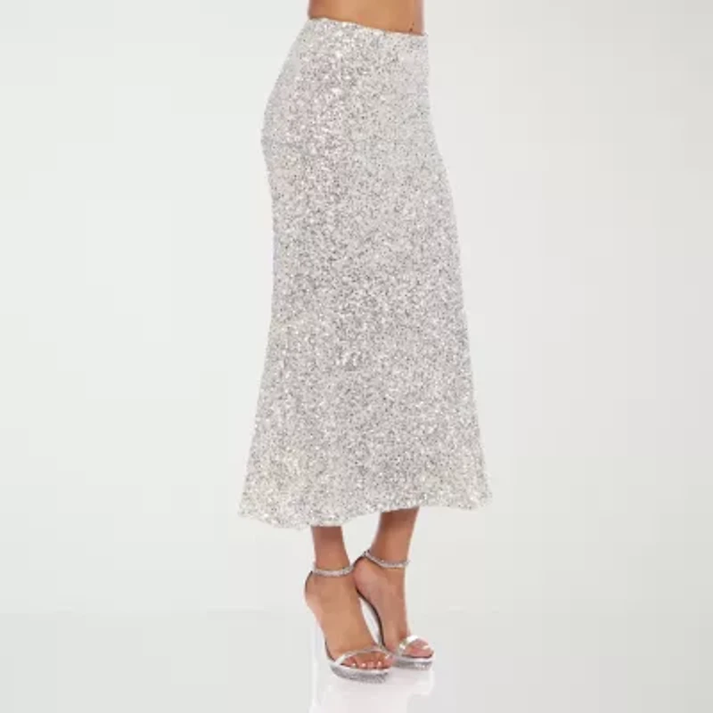 Premier Amour Womens Mid Rise Stretch Fabric Sequin Maxi Skirt