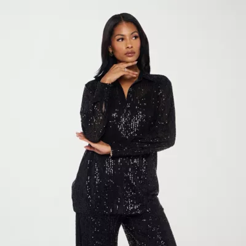 Premier Amour Womens Long Sleeve Sequin Blouse