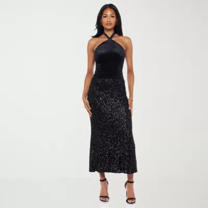 Premier Amour Womens Stretch Fabric Sequin Maxi Skirt