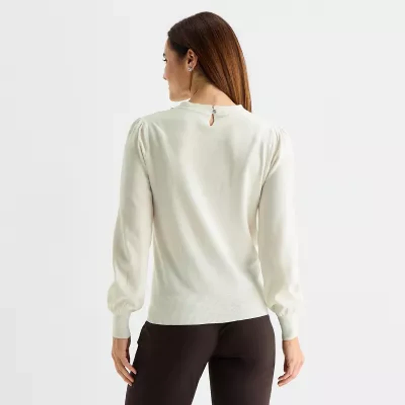 Liz Claiborne Tall Womens Crew Neck Embellished Long Sleeve Pullover Sweater
