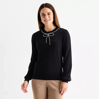 Liz Claiborne Tall Womens Crew Neck Embellished Long Sleeve Pullover Sweater
