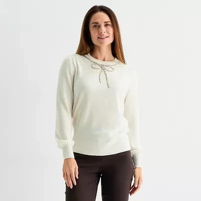 Liz Claiborne Tall Womens Crew Neck Embellished Long Sleeve Pullover Sweater