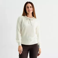 Liz Claiborne Tall Womens Crew Neck Embellished Long Sleeve Pullover Sweater