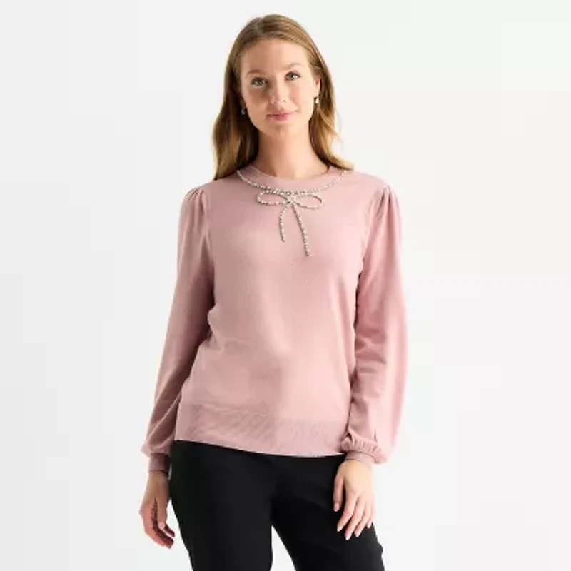 Liz Claiborne Tall Womens Crew Neck Embellished Long Sleeve Pullover Sweater