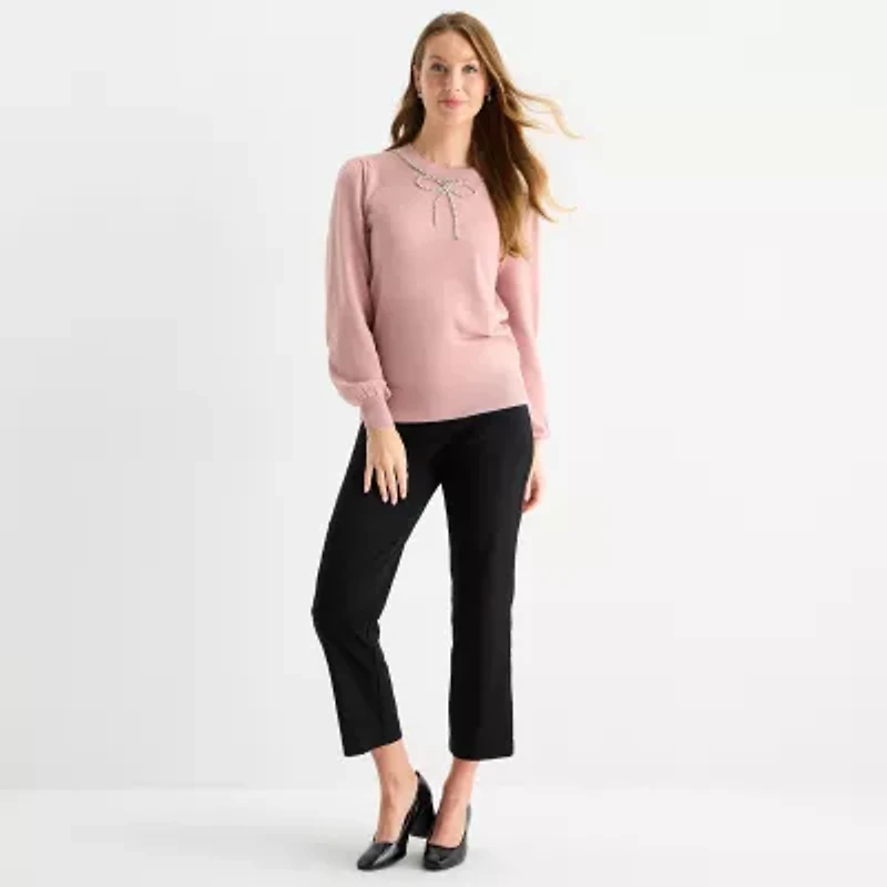 Liz Claiborne Tall Womens Crew Neck Embellished Long Sleeve Pullover Sweater