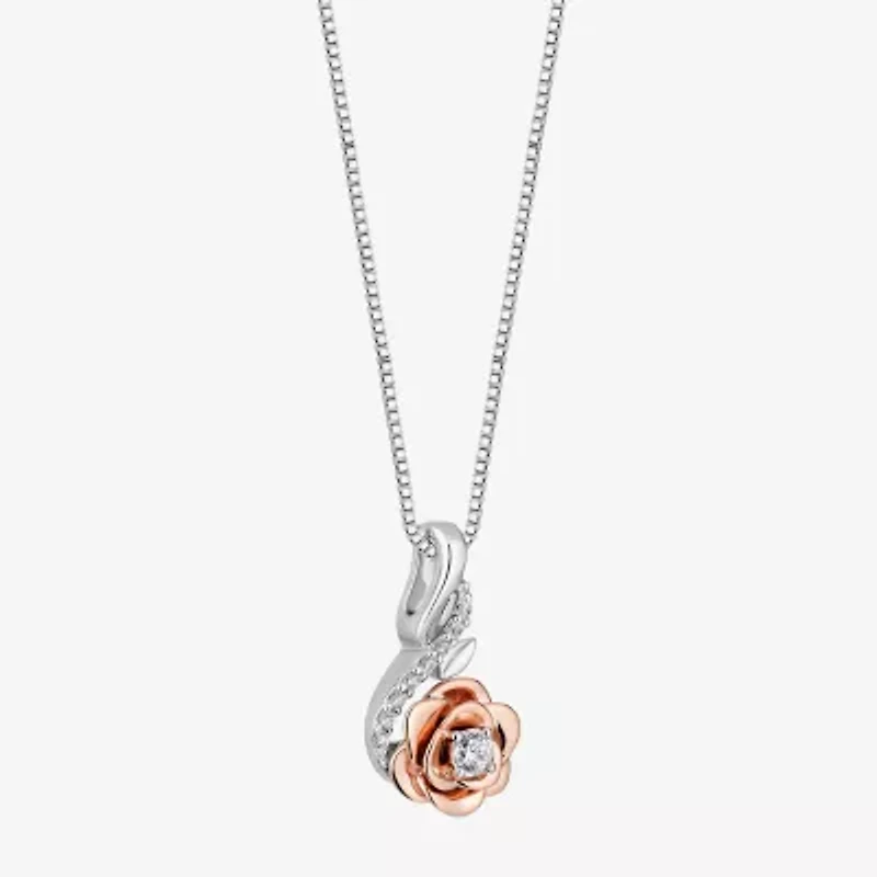 Enchanted Disney Fine Jewelry Belle(I, I2) Womens 1/10 CT. T.W. Lab Grown White Diamond 14K Rose Gold Over Silver 18 Inch Pendant Necklace