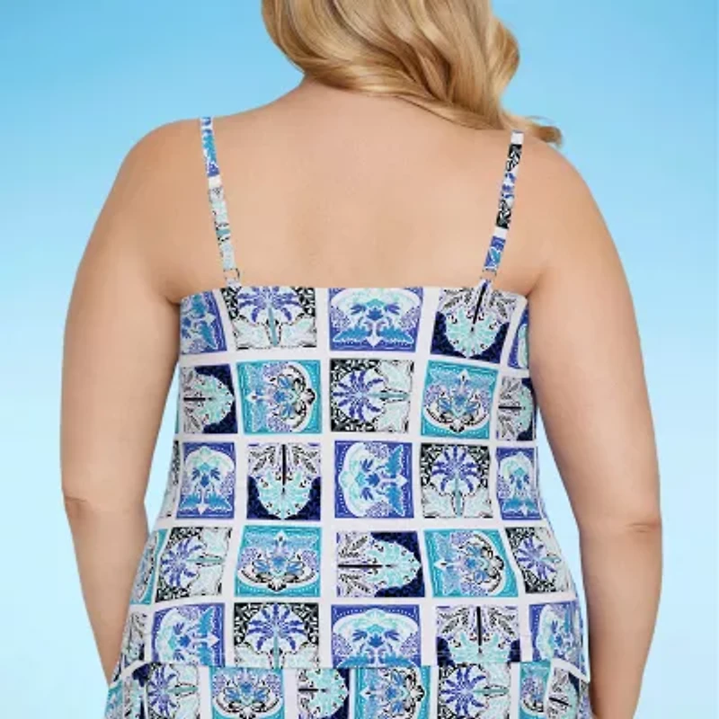 Liz Claiborne Womens Comfort Straps Shirred Patchwork Plus Tankini Swimsuit Top