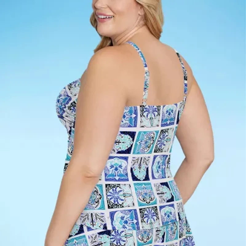 Liz Claiborne Womens Comfort Straps Shirred Patchwork Plus Tankini Swimsuit Top